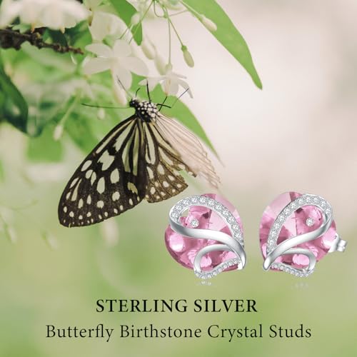 Butterfly Heart Birthstone Crystal Stud Earrings for Women S925 Sterling Silver Heart Birthstone Studs Birthday Gifts for Wife Mother Daughter Girlfriend Mom - color: 10-October