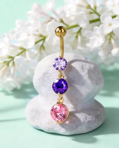 Cute Dangly Opal Belly Button Rings 14g 316L Stainless Steel Dangle Navel Rings for Women Belly Button Piercing Dangling Navel Bar - color: Purple CZ