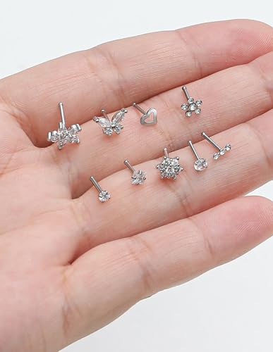 17Pcs Nose Rings Studs 20G Surgical Stainless Steel L Corkscrew Bone Shaped Nose Studs Butterfly Flower Heart Star Square Round CZ Nostril Piercing Jewelry for Women Silver Plated - style: C:Bone Shaped