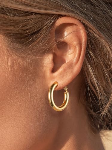 FindChic Hoop Earrings for Women, Silver/Black/14K Gold Plated Hypoallergenic Hollow Round Tube Loop Earrings, 20mm/30mm/40mm/60mm/80mm Chunky Hoops with Custom Name Options & Gift Box - color: c.Gold, size: 30MM