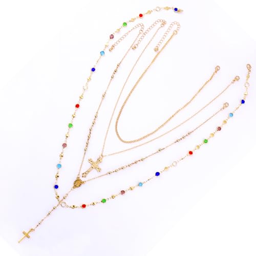 Gold Cross Layered Necklaces for Women,Colorful Crystal Drop Necklace,Gold Cross Pendant Necklace Stack,Fashion Long Tassel Chest Chain Jewelry Layered Rhinestone Neck Chain Accessories - color: Gold-1