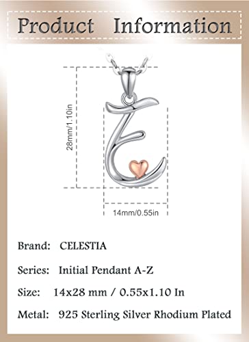 CELESTIA 925 Sterling Silver Initial Necklaces 26 Letter with Rose Gold Heart - 18 Inch Chain - color: E-Initial