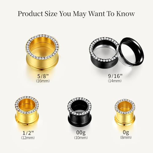 WBRWP Unisex Women 6pcs/8pcs-3pairs/4pairs Hollow Zircon Stainless Steel Screw Ear Plugs Tunnels with ZirconEar Plugs Tunnels - Ear Expander - Ear Gauges Stretcher Body Piercing 8g-5/8 - color: 4pc Black-2 with inside shining+2 with cz