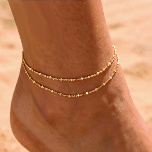 Nanafast Gold Anklet Set for Women – Dainty Twisted Chain & Beaded Ankle Bracelets Foot Jewelry - color: doublelayer
