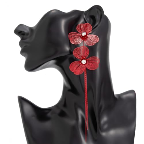 Gold Flower Tassel Dangle Earrings for Women,Boho Chunky Floral Long Fringe Statement Earring,Fashion Spring Jewelry Party Prom Accessories - color: Red