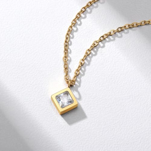 Dainty 316L Stainless Steel Square Necklace for Women Trendy, Cubic Zirconia Square Pendant Necklace Jewelry - color: Original SS
