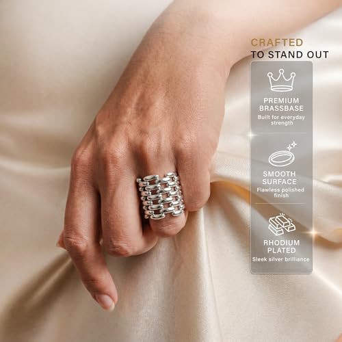 Namami Adjustable Gold Plated & Rhodium Plated(Silver) Wrap Rings for Women | Stackable Pure Brass Tarnish Free & Hypoallergenic, Minimilist Brick Design, 18K Gold Plated Wide Band Chunky Statement Ring - color: Silver