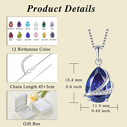 Birthstone Pendant Necklace 925 Sterling Silver Teardrop Jewelry for Women - color: Violet Blue
