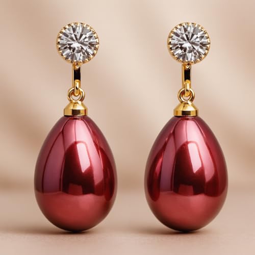 Pearl Clip on Earrings for Women - 14K Gold Silver Plated Cubic Zirconia Non Pierced Ear Clips Jewelry Gifts for Wedding Bridal Party Gifts - color: Red-10mm