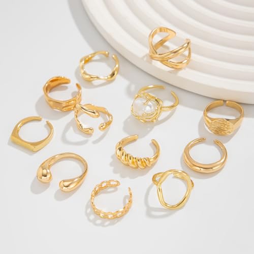 Airvess Gold Knuckle Rings for Women Trendy, Vintage Stackable Rings 14k Gold Plated Rings Sets Dainty Joint Finger Midi Ring Cute Rings Pack Festival Jewelry Gift - style: Chunky - 12 Pcs