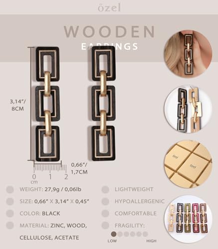 Ozel - Natural Wooden Acrylic Boho Drop Dangle Earrings for Women - Geometric Statement Jewellery - Brown, Black, Magent Red, Olive Green, White beige - color: 3Square_Black