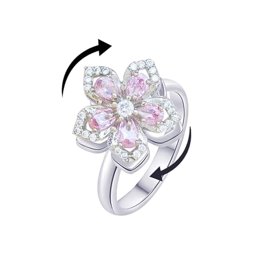 Sunflower Fidget Ring for Women Gold Anxiety Crystal Rings Cubic Zirconia Sunflower Open Adjustable Fidget Ring Spinner Sun Ring for Men Trendy Jewelry - color: Silver Pink
