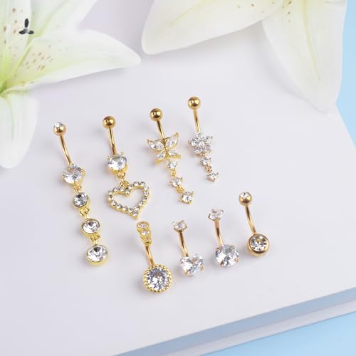 LEE&RO Belly Button Ring Dangle Stainless Steel Belly Rings 14G Belly Button Piercing Cute Navel Ring Belly Piercing Jewelry - style: 8Pcs-Gold