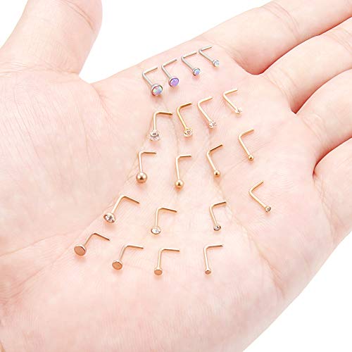 20G 1.5mm 2mm 2.5mm 3mm 3.5mm 4mm Opal Clear Diamond CZ Nose L Shaped Studs Rings Piercing Jewelry 4-20PCS - color: 20PCS - Rose Gold