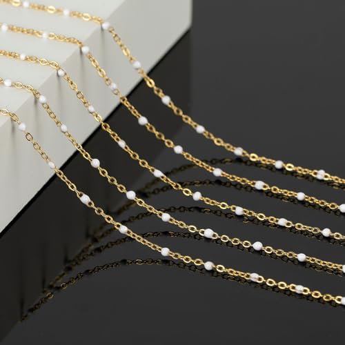 KYUNHOO 16.4 Feet/5M Stainless Steel Enamel Beaded Chain for Jewelry Making | Gold Plated Bulk Necklace Thin Cable Link With Findings for DIY Craft