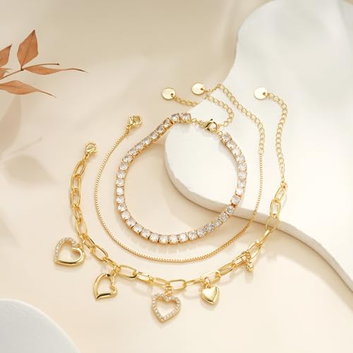 3PCS Charm Gold Bracelets for Women Non Tarnish,14k Plated Gold Bracelet Stack Cute Dainty Stackable Trendy Bow Cross Clover Bracelets Set Tarnish Free Gold Jewelry for Women Gifts - color: Heart-Gold