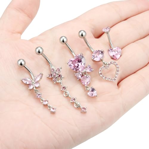 Vsnnsns 14G Dangle Belly Button Ring Piercing Jewelry 316L Stainless Surgical Steel Snake Heart Butterfly Flower Diamond CZ Navel Rings Dangling Belly Button Ring Piercing Jewelry for Women 14 Gauge - color: Silver-Pink CZ