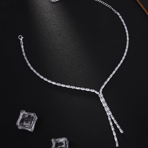 STONEFANS Long Tennis Necklaces for Women - Dainty Silver Lariat Necklace Rhinestone Y Shaped Drop Necklace Cute Choker Necklaces for Women Trendy Silver Prom Jewelry Gifts - color: Silver-Gem