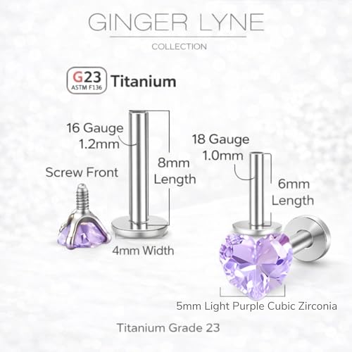 Titanium Heart CZ Labret Stud Earrings for Piercings by Ginger Lyne 6Pc Set G23 Screw Front Flat Back Body Jewelry 2 pair post 6mm, 8mm Cartilage, Helix, Tragus, Lip, Conch, Lobe - color: 5mm-LtPurple