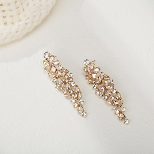 EleQueen Statement Sparkle Crystal Necklace Bracelet Dangle Earrings Set for Women, Art Deco Prom Chandelier Jewelry for Wedding Bridal - color: Brown Gold-Plated-Base