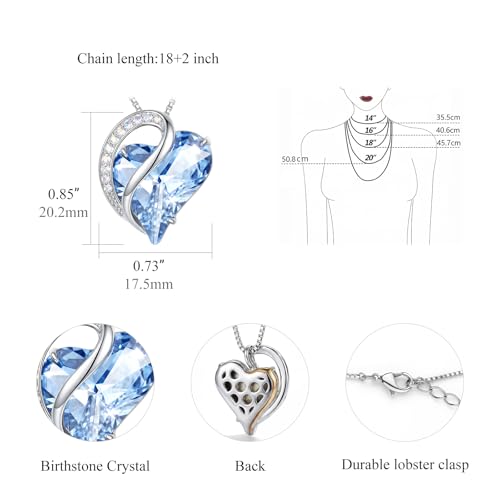 Crystal Heart Necklace for Women - Quietrose Faceted Crystal Heart Pendant with Sparkle Accents, Silver-Tone Curved Frame, 0.85" x 0.73", 18+2" Adjustable Chain, Elegant Gift for Her - color: Sky Blue - Sea Whisper