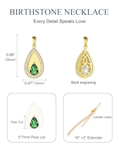 Birthstone Pendant Necklaces for Women 925 Sterling Silver Teardrop Pendant Necklace Birthday Jewelry Gift, 18"+2" Inches - color: 05 - Emerald