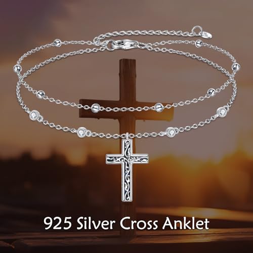 LUHE Cross Ankle Bracelets Sterling Silver Religius Double Chain Anklets Christian Baptism Layered Anklet Jewelry Gifts for Women - style: Filigree cross anklet