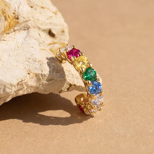Gold Ear Cuff for Women Non Piercing | Cuff Earrings, 14K Gold Plated, Colorful Cubic Zirconia Pave, Pearl, Clover, Cartilage Earrings Trendy Jewelry, Single - color: Rainbow