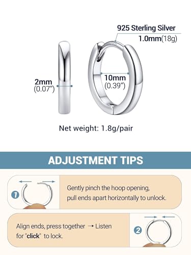 PROSTEEL Huggie Hoop Earrings For Women with 925 Sterling Silver Post | 8/10/12/14/16/18/20mm,14K Gold Plated/Black/Rose Gold/Silver Brass Lightweight Cubic Zirconia Cartilage Piercing Earring - color: 1. Silver, size: 10mm