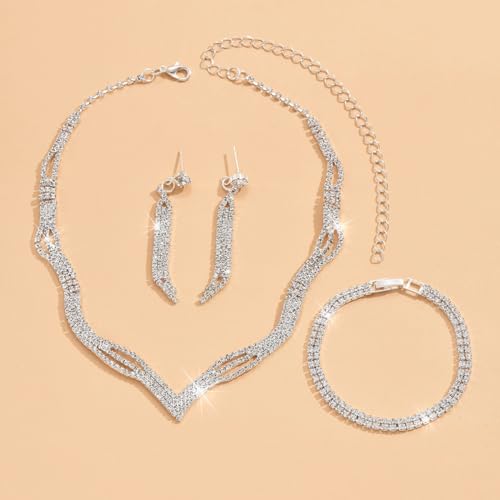 Prom Earrings Necklace Bracelet Set Elegant Crystal Rhinestone Necklace Earrings Bracelet Bridal Wedding Prom Dresses Costume Outfit Gold Jewelry Sets for Women - color: D
