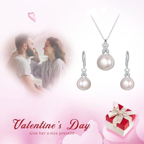 EleQueen 925 Sterling Silver CZ Freshwater Cultured Pearls Bridal Pendant Necklace Earrings Wedding Jewelry Sets, Valentine's Day/Mother's Day/Christmas Gift - style: Pearl Necklace Sets