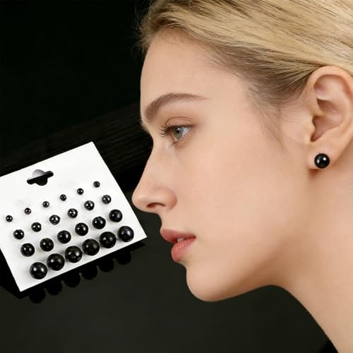 12 Pairs Black White Pearl Earrings Stud Sets - color: Black
