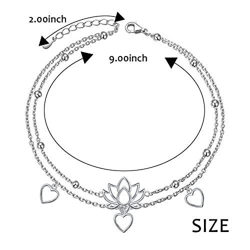 Flyow Anklet for Women S925 Sterling Silver Adjustable Foot Beaded Heart Charm Ankle Bracelet Anklets Jewelry - style: lotus