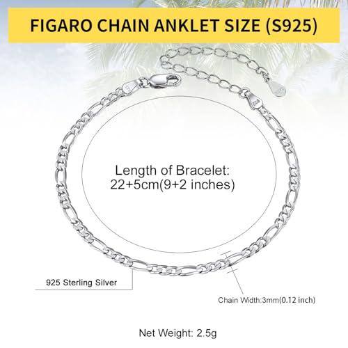 ChainsHouse Ankle Bracelets for Women, Stainless Steel Beaded Chain Ankle Bracelet, Womens Heart Anklets for Summer Beach Jewelry Gifts - color: D: figaro-3mm-sterling silver