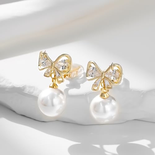 YOQUCOL Golden Bow Clip On Stub,Danle Drop Earrings for Women Simulated Pearl Christmas Xmas Bowknot Non Pierced Earrings - color: Dangle Clip-01