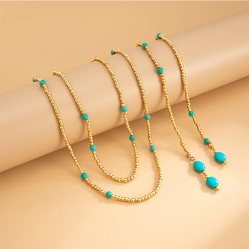 Long Wrap Necklaces for Women Dainty Layered Pearl Chain Necklace Turquoise Wrap Necklaces Long Lariat Necklace Statement Y-shaped Beaded Choker Trendy Costume Jewelry Accessories - color: Gold turquoise