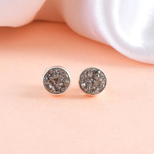 5 MM Natural Gemstone 925 Sterling Silver Hypoallergenic Studs Earrings Jewelry for Women Dainty Trendy Antiqued Silver Birthstone Earrings Jewelry Gifts for Women and Her - color: Black Druzy
