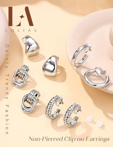 LOLIAS Clip On Earrings for Women 14K Gold Plated Clip Earrings Non Pierced | Hypoallergenic Ears Clips CZ Pearl Knot Twist Chunky Hoop and Studs Earring Set Lightweight Fake Earings Jewelry - style: 9Pairs-Silver Plated