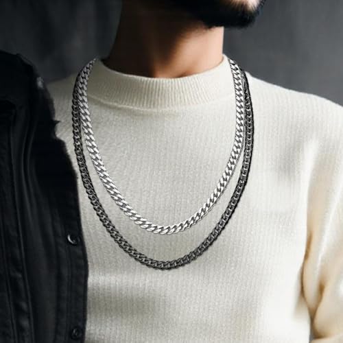 7MM Stainless Steel Mens Cuban Link Chain,Black Metal/925 Sterling Silver Plated Men Chain Necklaces Black/Silver Chain for Men Necklace - style: 7MM-26 Inch Silver