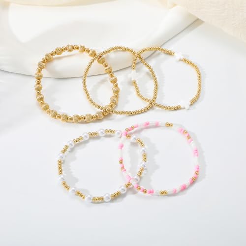 Dainty Gold Plated Pearl Crystal Beaded Bracelets Set for Women 14K Gold Plated Bead Pearl Beads Bracelet Stackable Paperclip Link Chain Bracelets Gold Plated Bracelets for Women Trendy Jewelry - color: Style4-gold bracelets set3