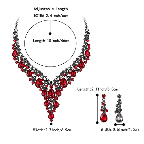 BriLove Women's Wedding Bridal Austrian Crystal Teardrop Flower Cluster Statement Necklace Dangle Earrings Jewelry Set for Party Prom - color: 2Pcs-Ruby Color Black-Tone