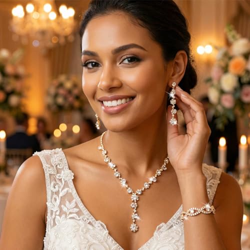 Silver Wedding Jewelry Sets Rhinestone Necklace Earrings Bracelet Set Prom Formal Costume Jewelry for Women and Brides - color: Gold