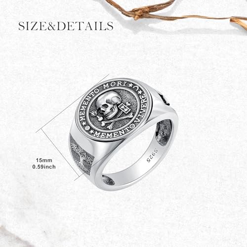 Memento Mori Ring 925 Sterling Silver Gothic Skull Signet Rings Tree of Life for Men Stoic Jewelry Memento Vivere Gifts - color: Silver
