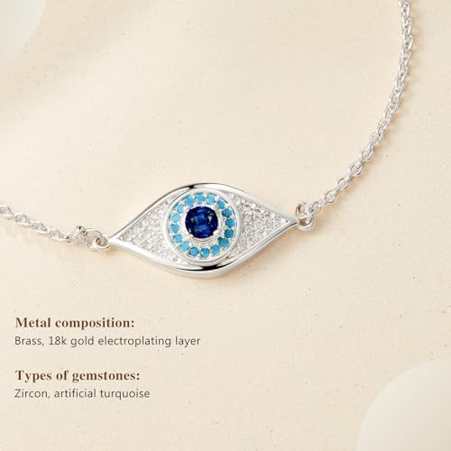 Cicy Bell Evil Eye Bracelets 18k Gold Plated Adjustable | Turquoise,Zirconia Link, Trendy Jewelry Gift for Women, 15.9" with 1.9'' Extender - color: A-Silver
