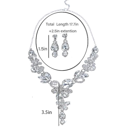 Rhinestone Crystal Bridal Necklace Floarl Art Deco Teardrop Collar Necklace Dangle Earrings Jewelry Set for Women - color: Silver