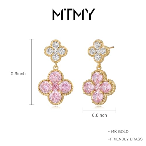 MTMY Dangle Earrings for Women 14K Gold Plated Four Leaf Clover Dangling Drop Birthstone Stud Earrings Trendy Flower Birthstone Jewelry Birthday Gifts - style: Oct.-Pink Tourmaline