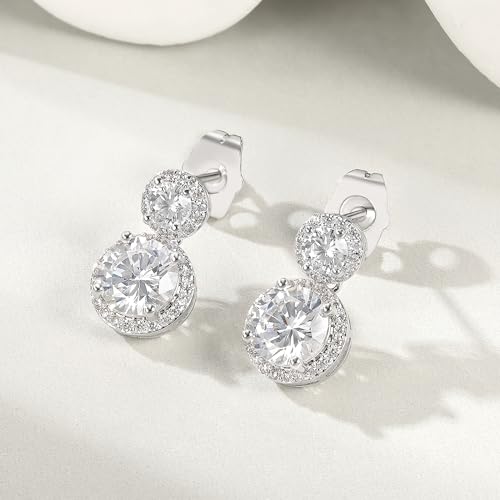 Hoops Huggie Stud Earrings Set 14K White Gold Plated Cubic Zirconia Earring for Women Pack of 2/5 Pairs - style: A6-White Gold-Hoop&Halo Dangle Stud (4 Pairs)