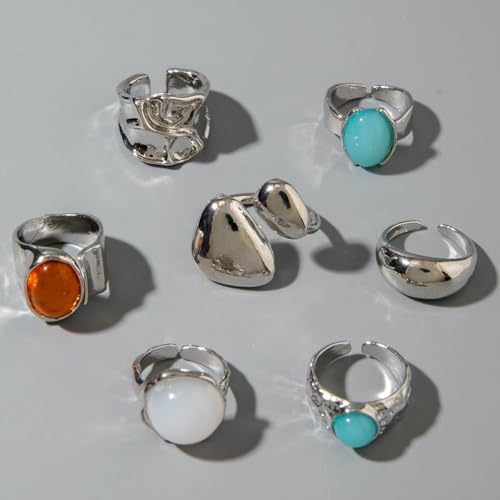 Chunky Gemstone Rings for Women Gold Silver Chunky Rings Set Adjustable Thick Statement Ring Trendy Fashion Silver Jewelry - style: BSilver