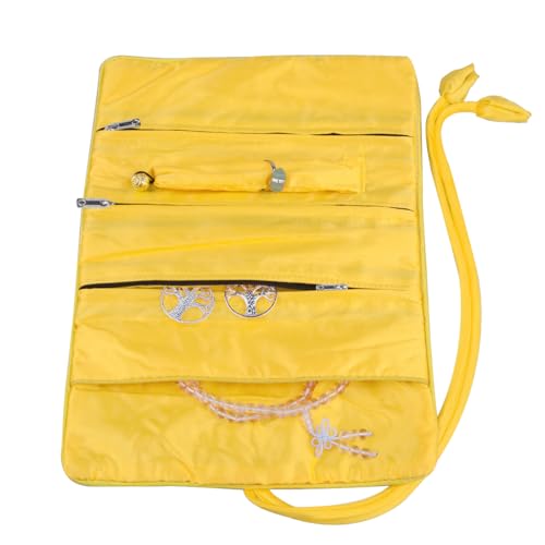 TUMBEELLUWA Embroidery Travel Jewelry Bag Roll Embroidered Flower and Bird Brocade Organizer with Tie Close - color: Yellow