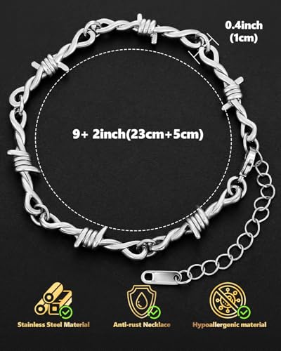 Stainless Steel Gothic Y2K Punk Rock Emo Biker Pendant Necklace | Cosplay Vintage Viking Alt Edgy Fashion Charm Necklace Jewelry for Men Women Active Daily Wear - style: Barbed Wire Necklace Bracelet(No cross)